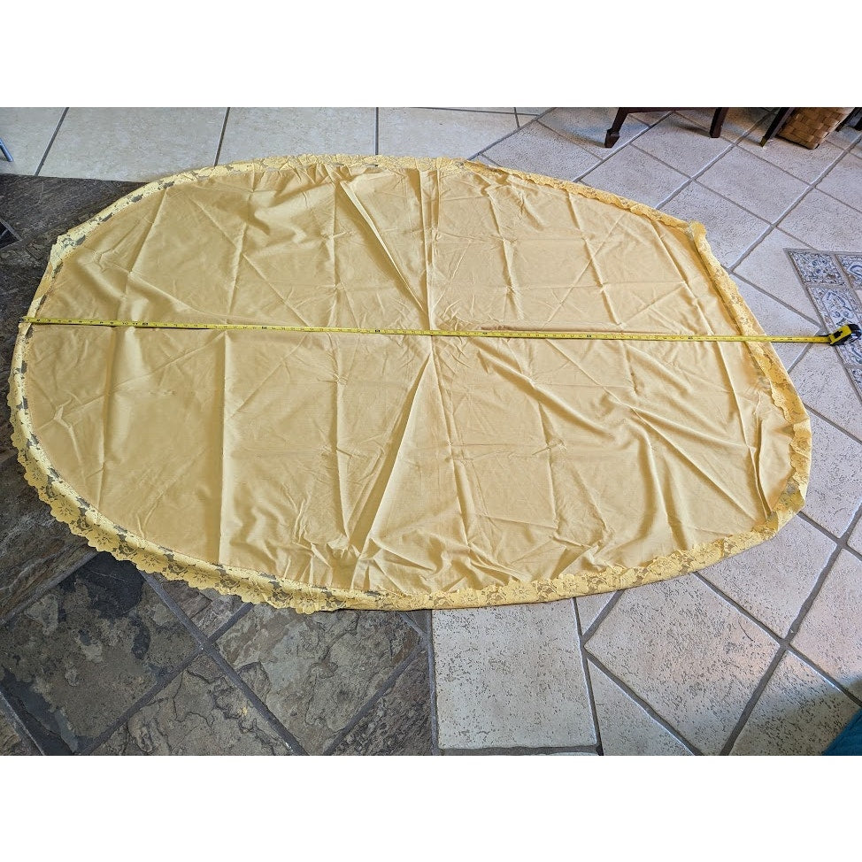 Vintage cotton Harvest Gold tablecloth Oval w/ Lace hem 83" x 60" Linens textile