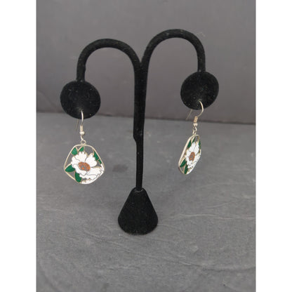 Vintage Floral Cloisonné Enamel Dangle Earrings Silver Tone Pierced Retro