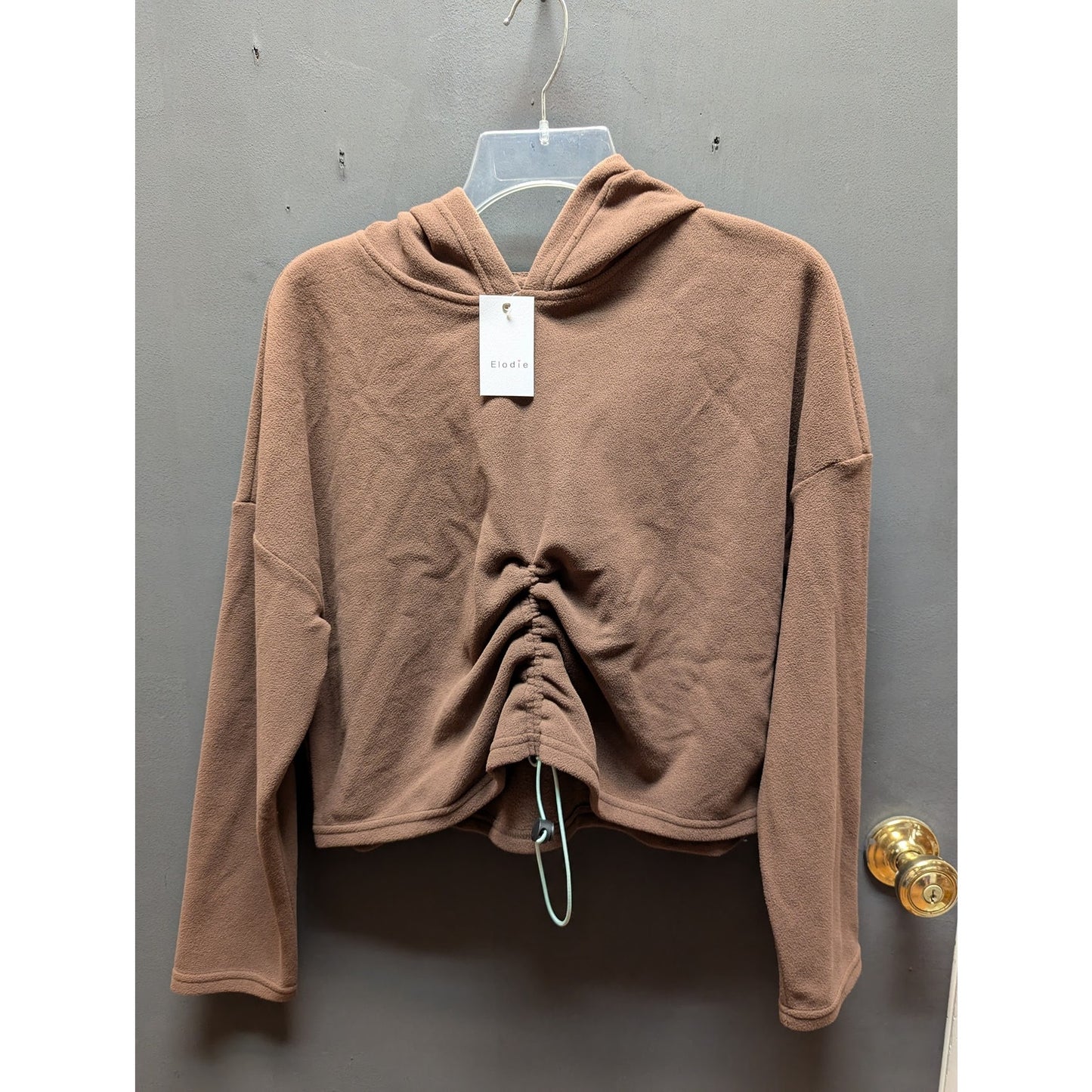 ELODIE Cinched Front Fleece Crop Hoodie In Brown Size Small