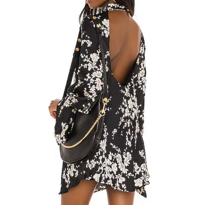 Free People Aries Mini Dress Black Floral Combo Long Sleeve Medium NEW Festival