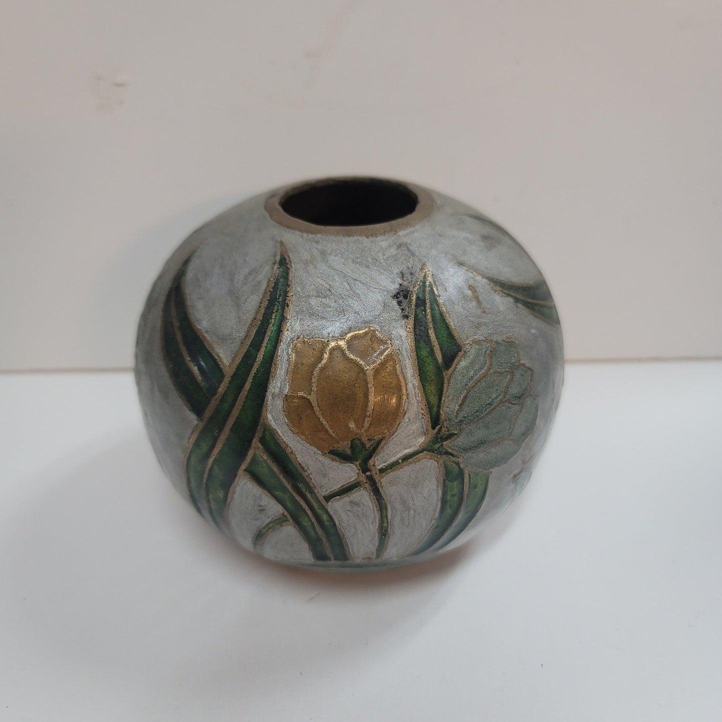 Vintage Mid Century Spherical Round Enamel and Brass Pot Vase Flowers