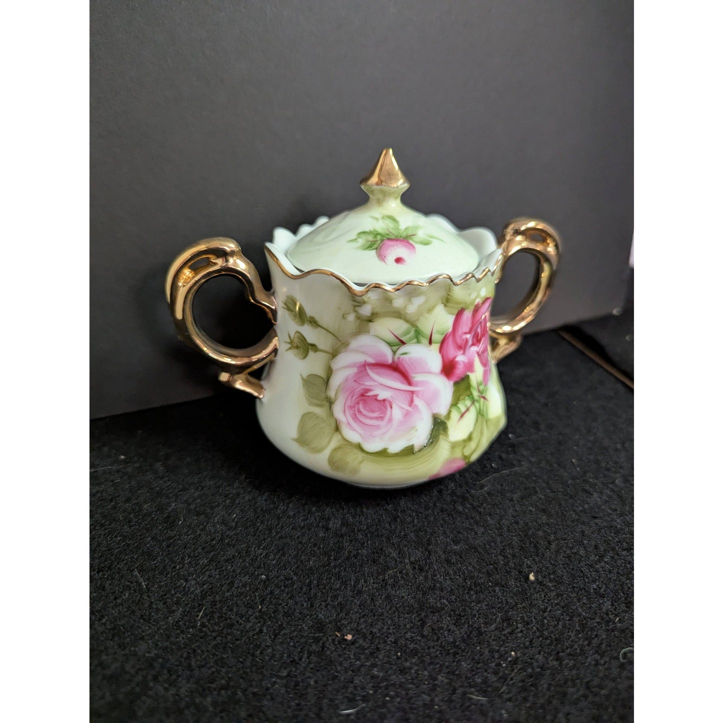Vintage Lefton Green Rose Lidded Sugar Bowl Porcelain Gold Gilt 3066