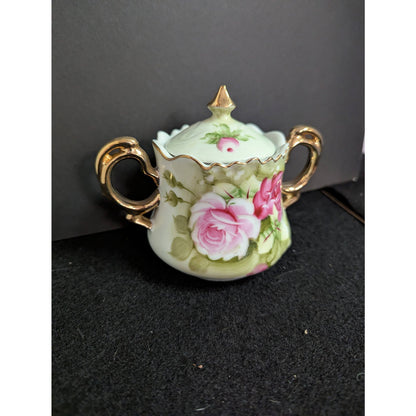 Vintage Lefton Green Rose Lidded Sugar Bowl Porcelain Gold Gilt 3066