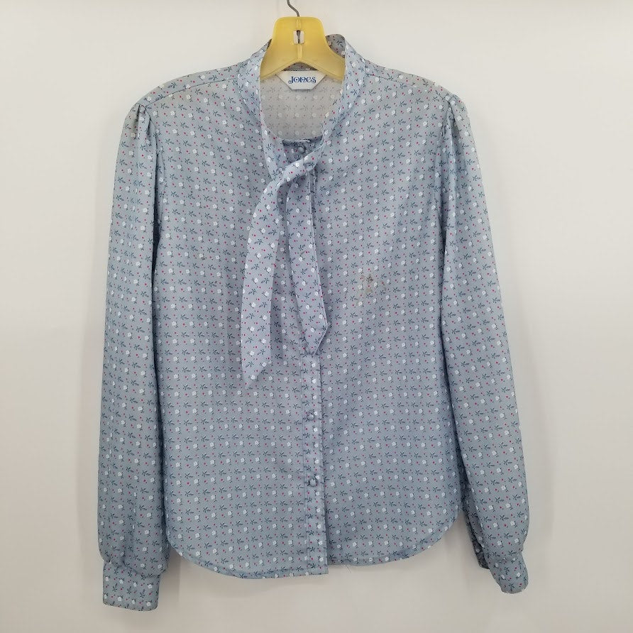 Jones Vintage Blouse Shirt Top Polyester Medium/Large Tie Neck Long Sleeved Blue