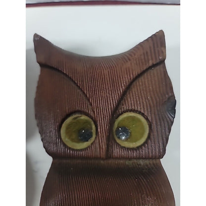 PAIR 9.5" MID Century Modern Carved Wooden Owl on Branch Big Eyes BOHO Lot Of 2