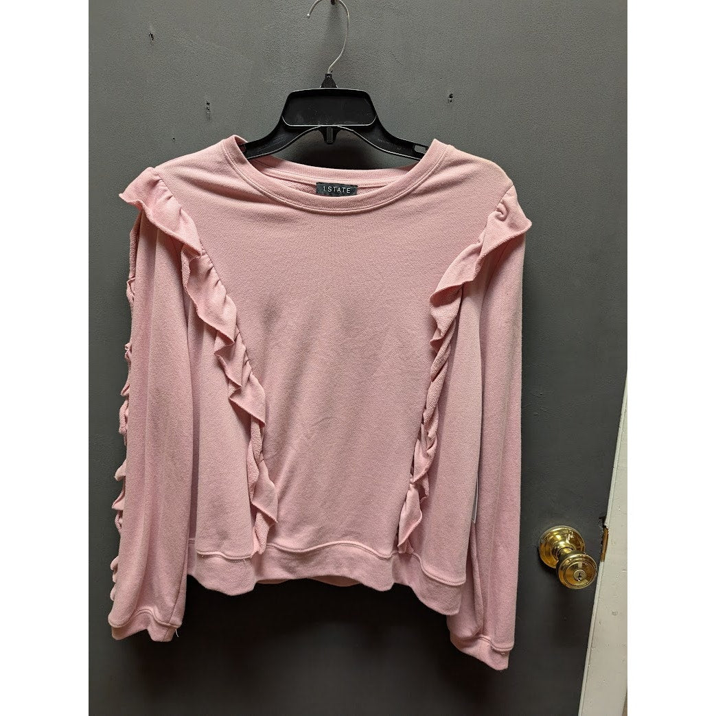NWT 1. State Sweatshirt Womens MEDIUM Ruffled Crew-neck Rose Pink rib Hem $69