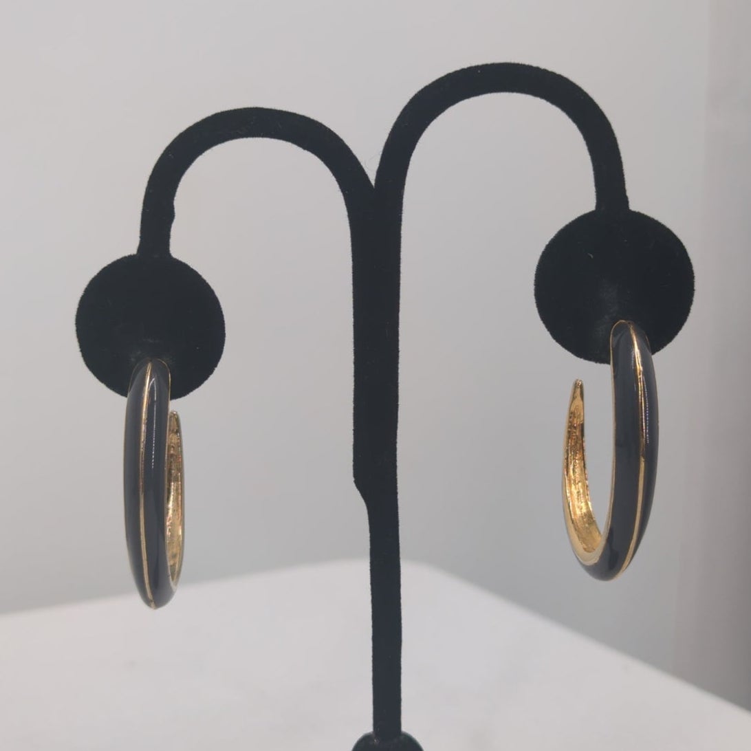 Vintage Black and Gold Curved Hoop Post Earrings Retro Crescent Chic