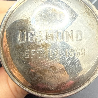 Lullaby Dumbell Sterling Silver 945 baby rattle 31 Grams engraved Desmond 1969
