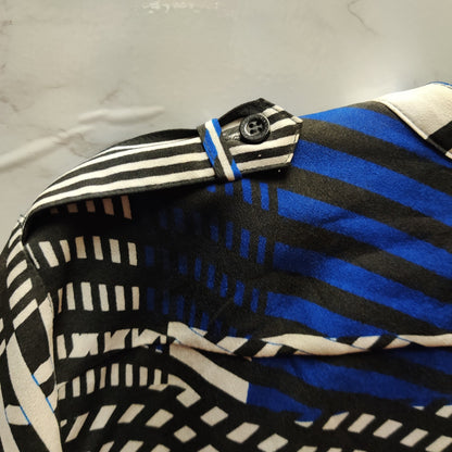 Calvin Klein Blue Black White Geometric Striped Roll Tab Sleeve Blouse Tunic M/L