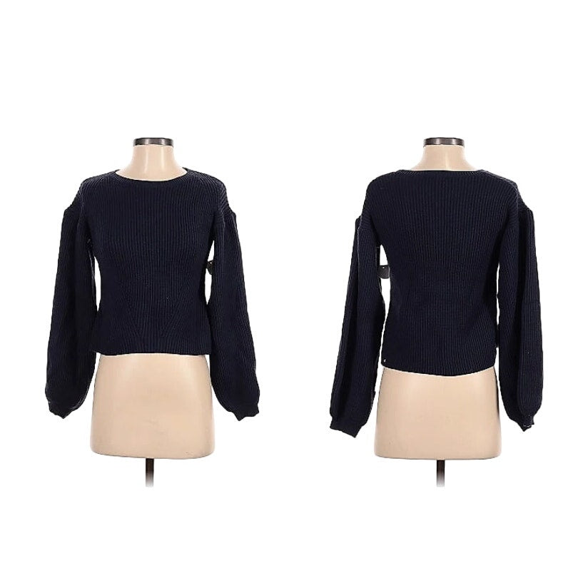 Maisie Peter Bishop Sleeve Pullover Knit Sweater Crew Neck Navy Blue MEDIUM NEW