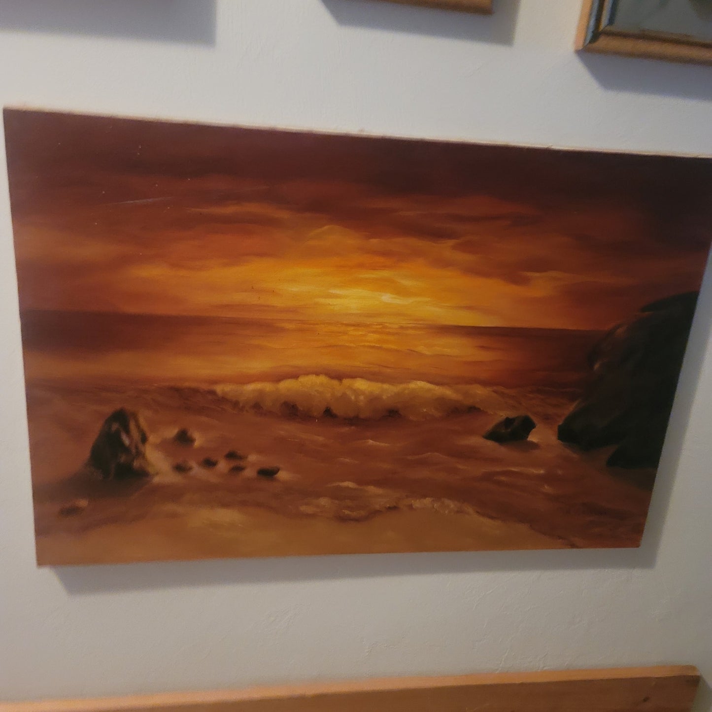 Vintage Mid-Century Sunset Seascape Oil Painting Canvas Signed by A. Eriksen