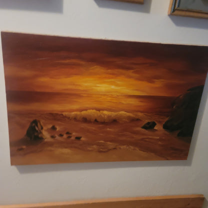 Vintage Mid-Century Sunset Seascape Oil Painting Canvas Signed by A. Eriksen