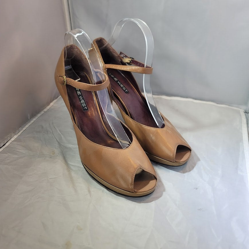 Nine West peep toe tan ankle strap heels Womens Shoes Size 10