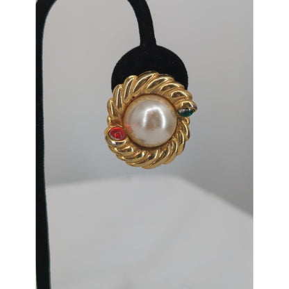 Vintage 80s Gold Twisted Knot Faux Pearl Red Green Rhinestone Clip On Earrings