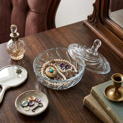 Vintage Clear Pressed Glass Candy Dish & Lid Swirl Design Powder Vanity Trinket