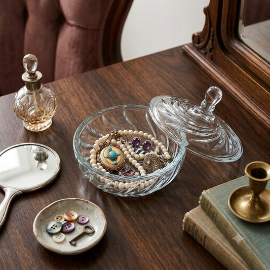 Vintage Clear Pressed Glass Candy Dish & Lid Swirl Design Powder Vanity Trinket