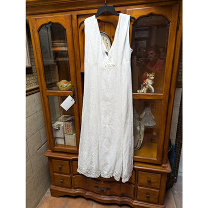 Liz Claiborne White Linen Midi Eyelet Trim Sleeveless Casual Summer Dress Siz 14