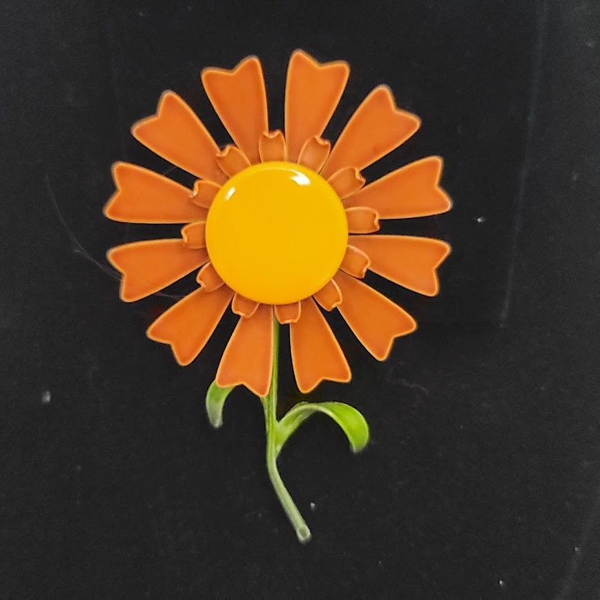 Vintage Orange Yellow Enamel Daisy Flower Brooch Mid Century mod