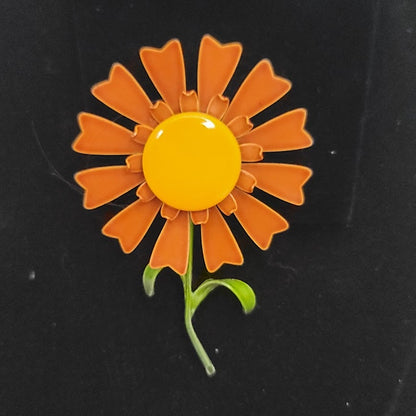 Vintage Orange Yellow Enamel Daisy Flower Brooch Mid Century mod