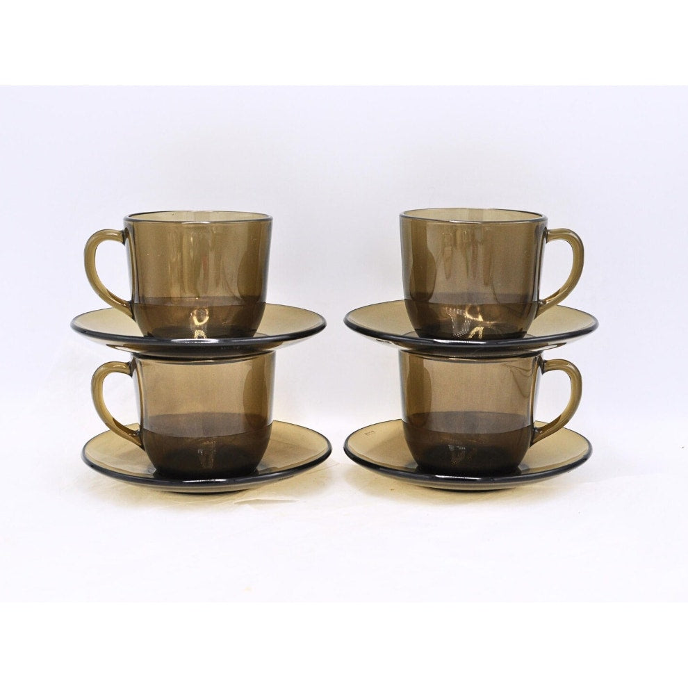 Vintage MCM 60s Dishes Set of 4 Vereco france Smokey Glass Cup And Saucer
