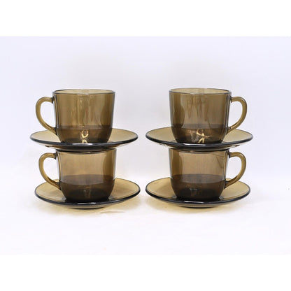 Vintage MCM 60s Dishes Set of 4 Vereco france Smokey Glass Cup And Saucer