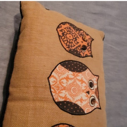 Vintage Folk Art Burlap Owl Pillow Embroidered Boho Rustic Accent Cushion