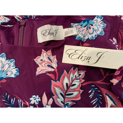 Eliza J Floral Aubergine Long Sleeve Midi Dress Size 4 in Maroon Multicolor NWT