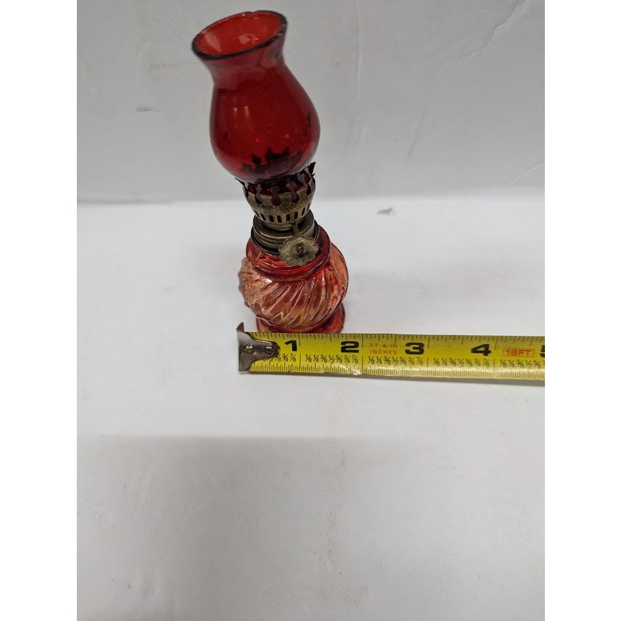 Vintage GLASS miniature oil hurricane lamp textured 1960s Flash painted Red