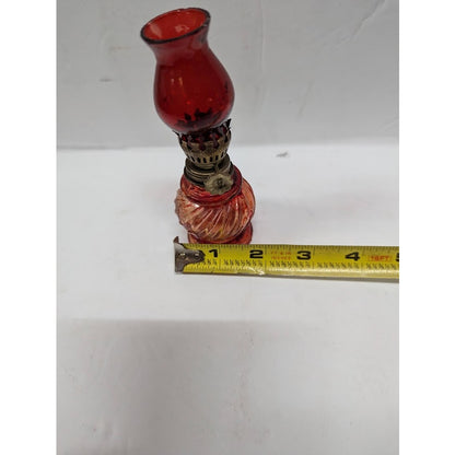 Vintage GLASS miniature oil hurricane lamp textured 1960s Flash painted Red