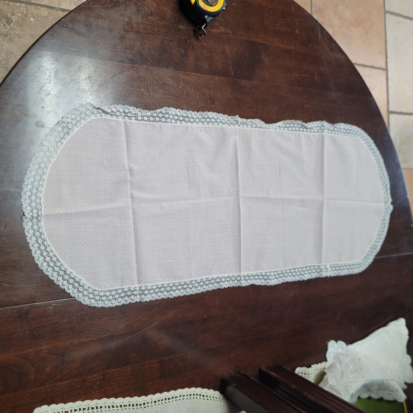 Vintage Oval Pink white lace edge swiss dot table runner textile vanity table