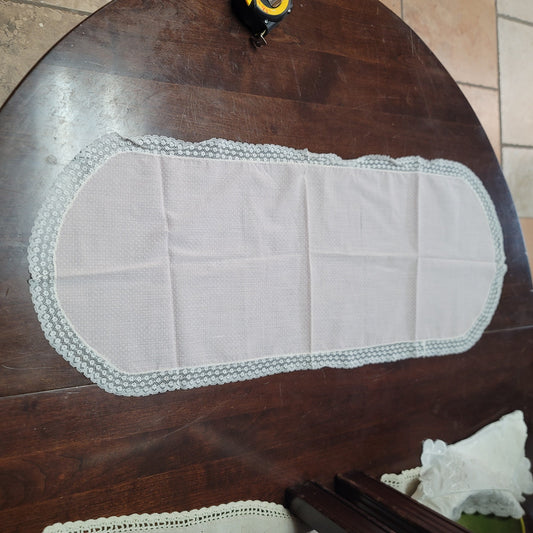 Vintage Oval Pink white lace edge swiss dot table runner textile vanity table