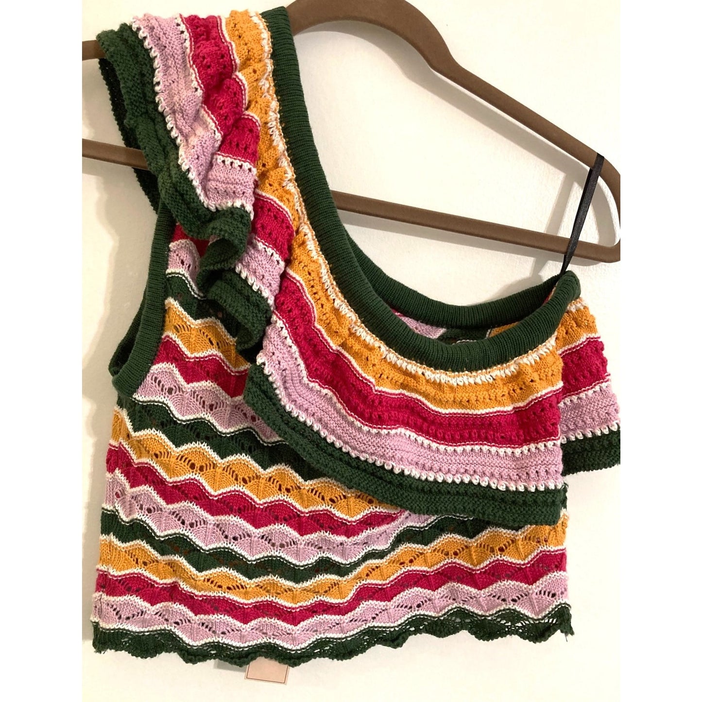 BCBGeneration One Shoulder Zigzag Crochet Crop Top Sz Medium in Multi Stripe NWT