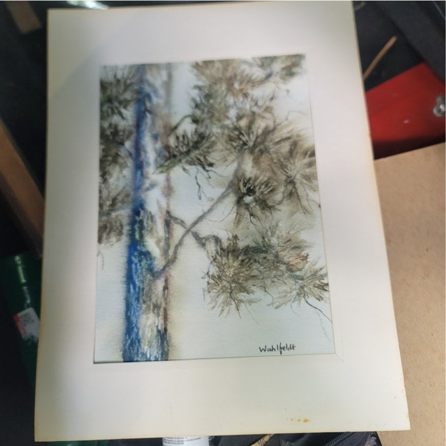 Framed Original Sumi-e Watercolor Pine Tree Landscape Painting Signed Wahlfelt