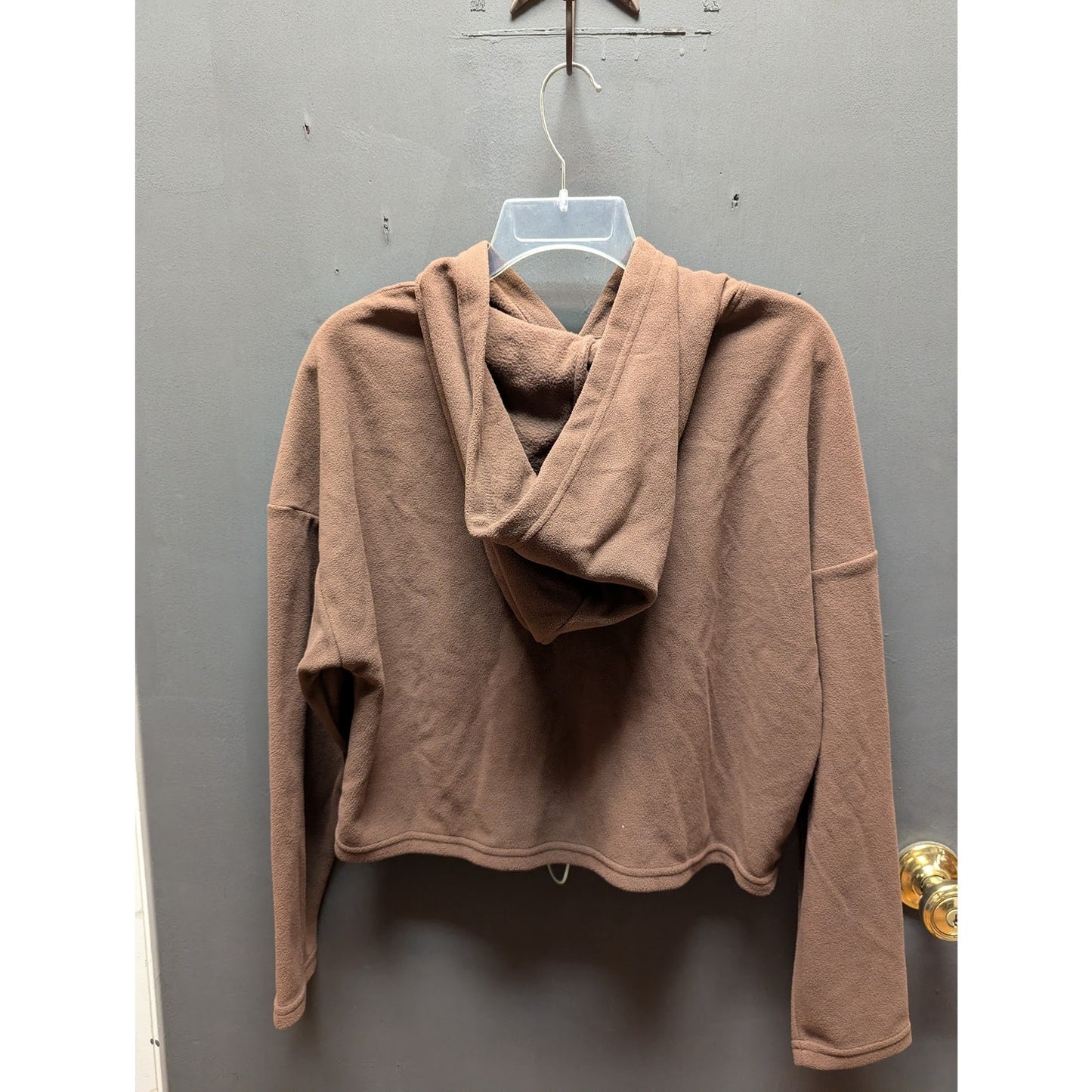 ELODIE Cinched Front Fleece Crop Hoodie In Brown Size Small