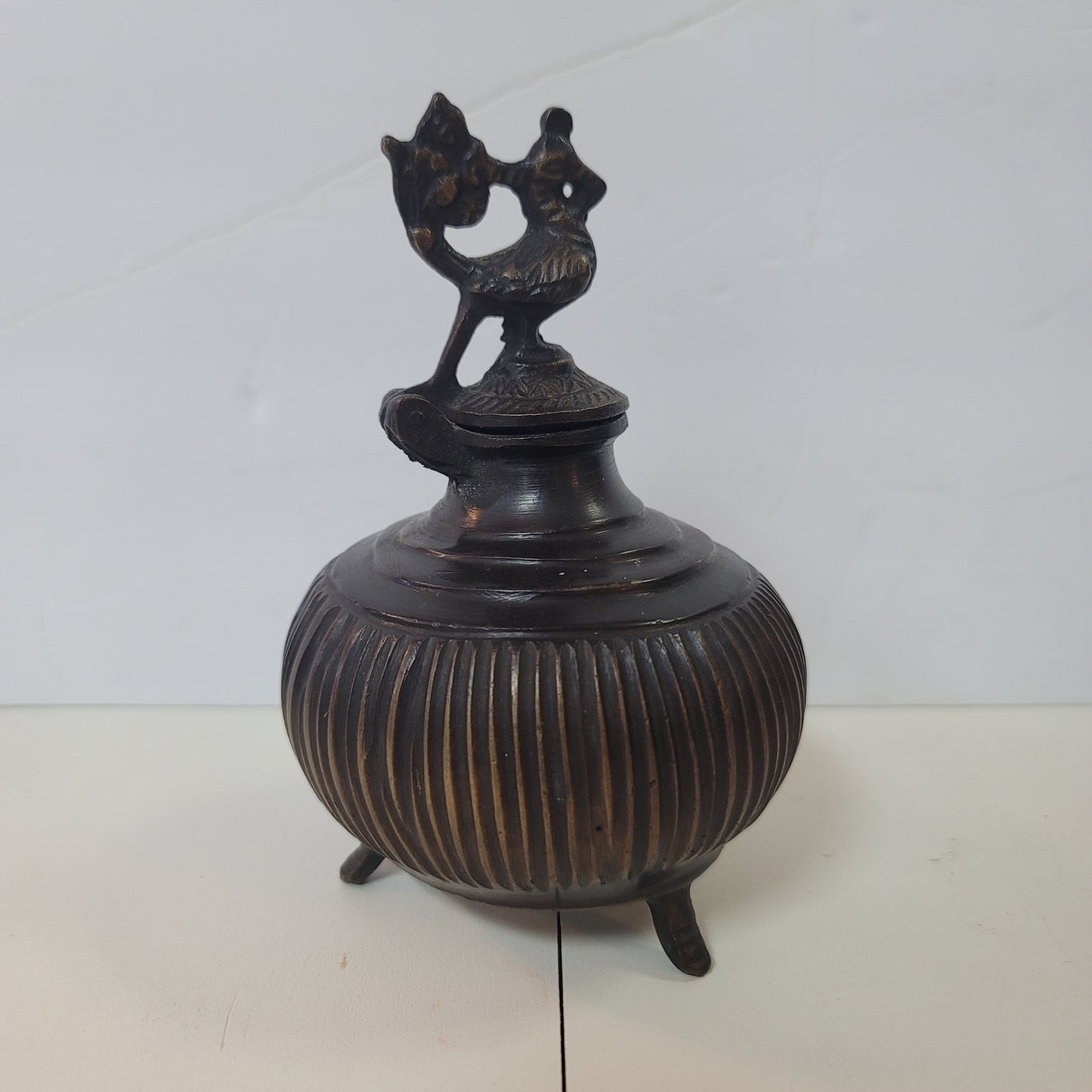 Vintage Ornate Kohl Pot Brass Bronze Tri-Footed INKWELL Hinged Bird Peacock Lid