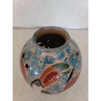 Vintage Tealight Candle Holder Luminary Pottery Hand Painted Hummingbird Flower
