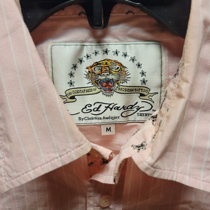 Y2K Pink White Striped Ed Hardy Top long sleeve Blouse Medium embroidered