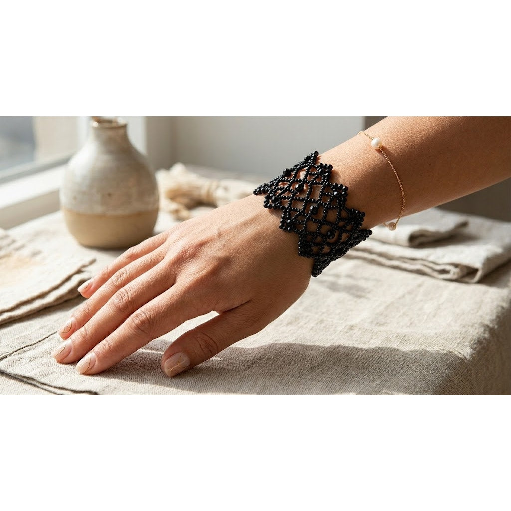 Vintage Glass Beaded Open Work Net Cuff Bracelet Black Button Closure 6"