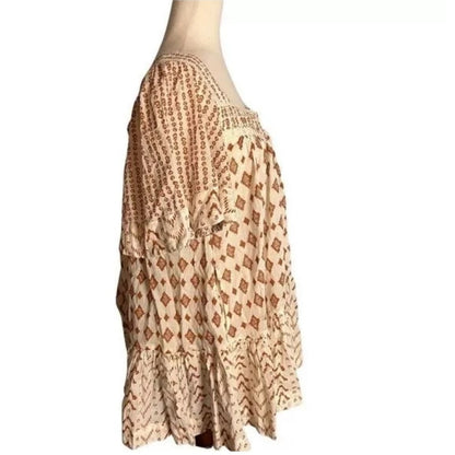 Free People SMALL  Mini Dress Tunic Short Sleeve Square Neck Brown Ivory Print