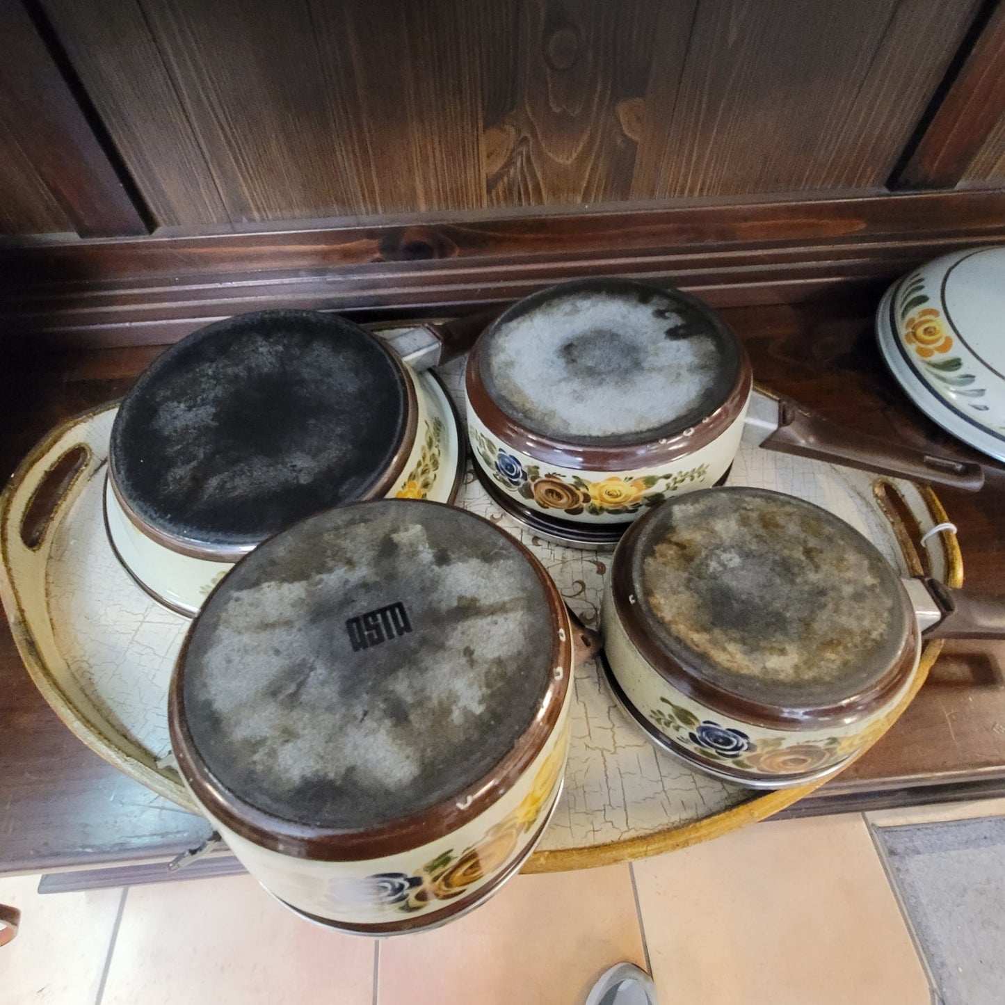 Vintage Asta Enamelware Cookware Set Brown Green Floral West Germany 8pc