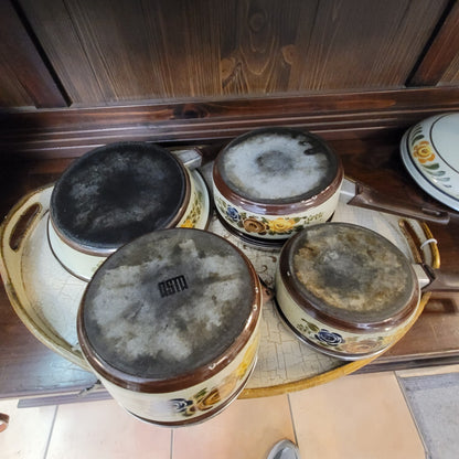 Vintage Asta Enamelware Cookware Set Brown Green Floral West Germany 8pc