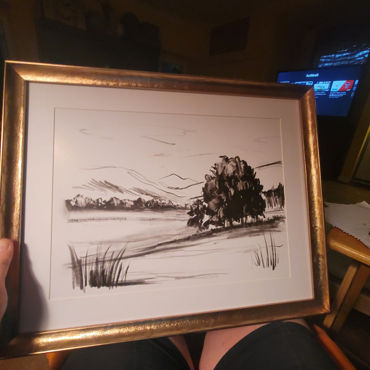 Vintage Minimalist Charcoal Landscape Sketch Framed Wall Art Dark Academia Print