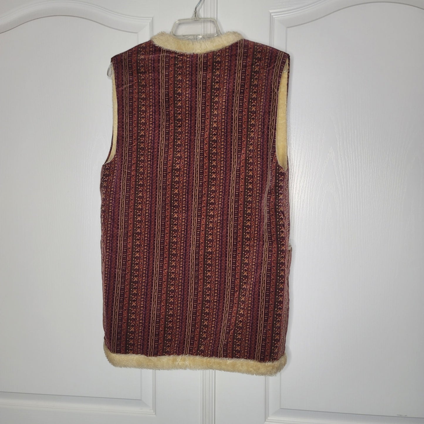 Vintage 1970s Fleece lined vest boho front pockets geometric stripes Japanese