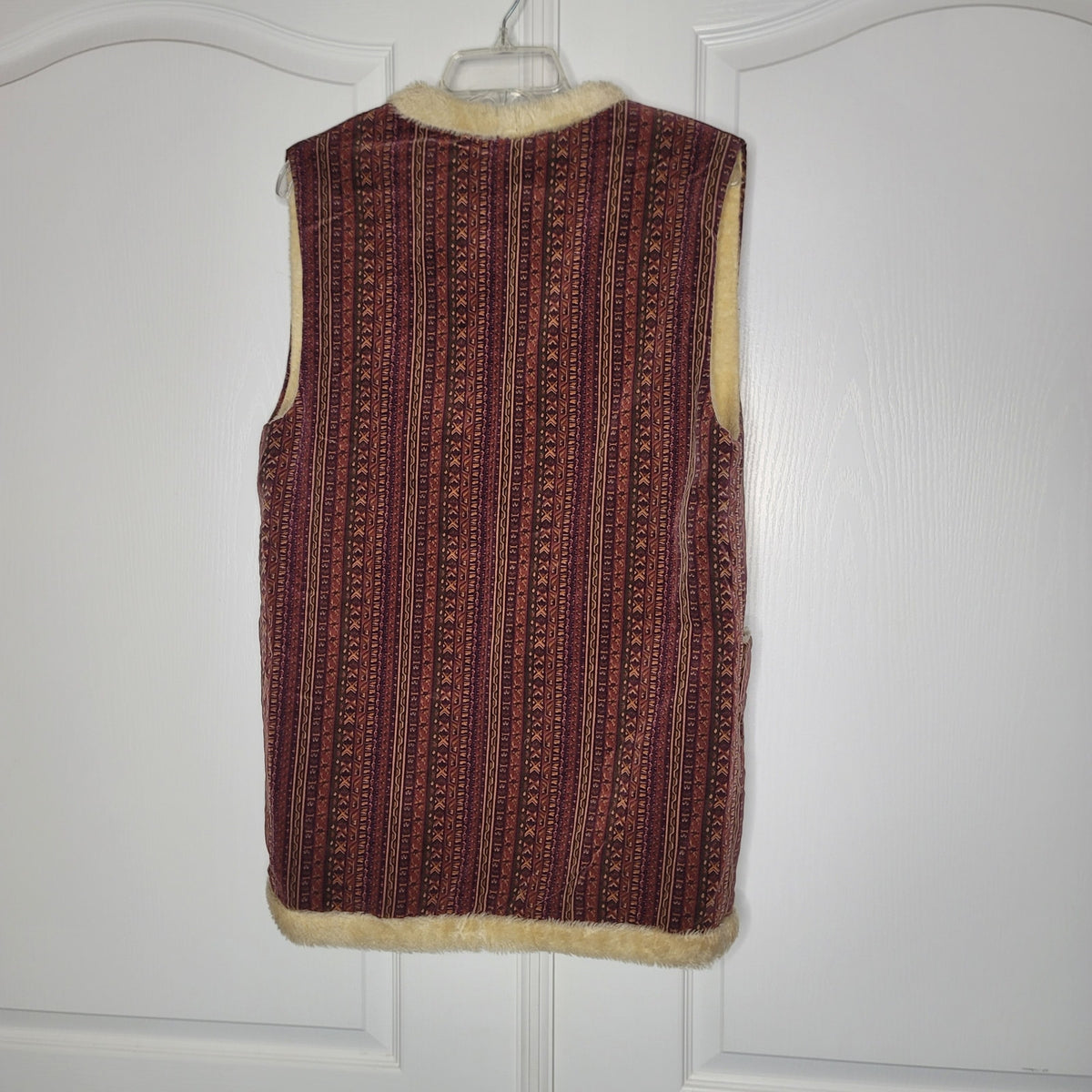 Vintage 1970s Fleece lined vest boho front pockets geometric stripes Japanese