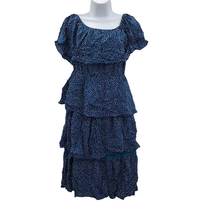 Blue Polka Dot 3 Tiered Ruffled Butterfly Sleeve Dress LARGE