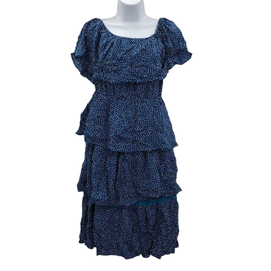Blue Polka Dot 3 Tiered Ruffled Butterfly Sleeve Dress LARGE