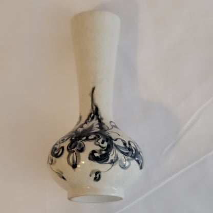 Handpainted Portugal vase blue white floral crackle underglaze 6.5"