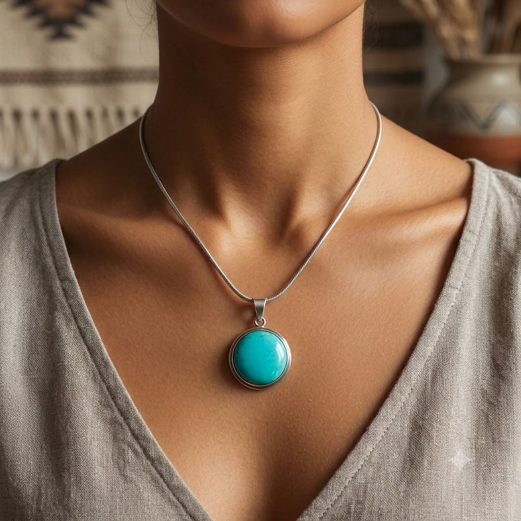 Vintage Sterling Silver Turquoise Cabochon Pendant Necklace Southwestern Boho
