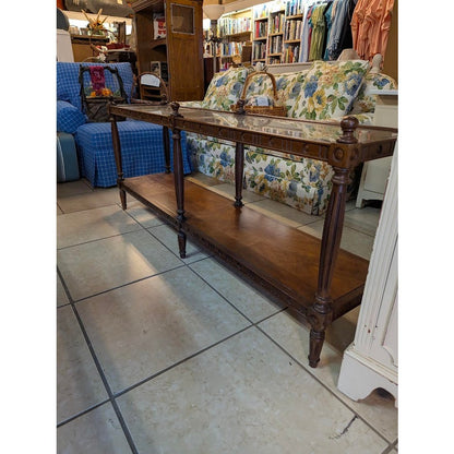 Secondhand Sandies: Long Traditional Wood & Glass Sofa Table with Turned Posts and Finials