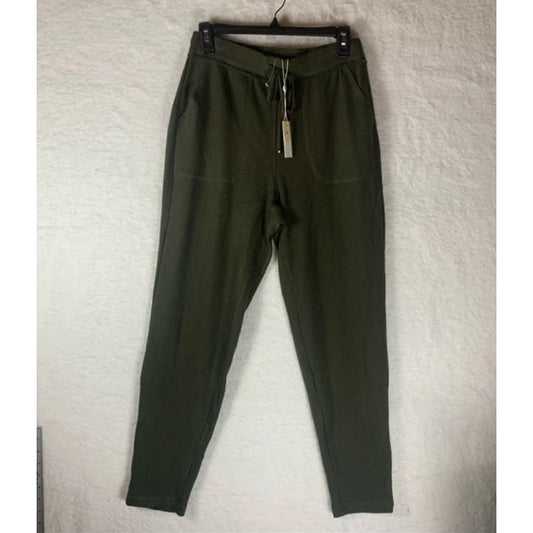 Max Studio Women’s Rib Knit Joggers‎ Pockets Drawstring Waist LARGE Olive Green